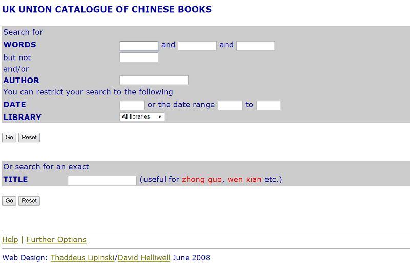 UK Union Catalogue of Chinese Books UK Union Catalogue of Chinese Books